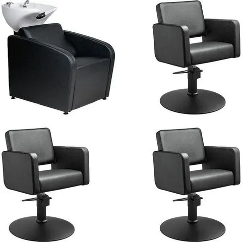 3x Friseurstuhl Class R in Schwarz - 1x Friseur Waschbecken Mullet in Schwarz - Tiptop - Einrichtung