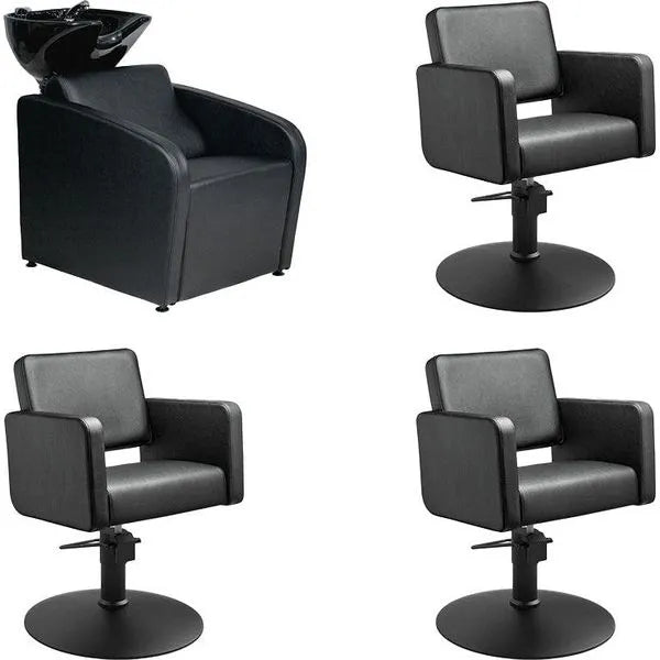 3x Friseurstuhl Class R in Schwarz - 1x Friseur Waschbecken Mullet in Schwarz - Tiptop - Einrichtung