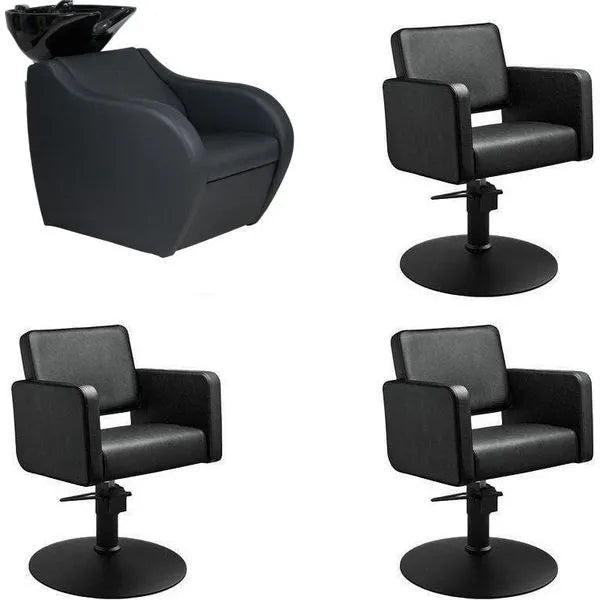 3x Friseurstuhl Class R in Schwarz mit 1x Friseur Waschbecken Wave - Profi Friseurausstattung - Tiptop - Einrichtung