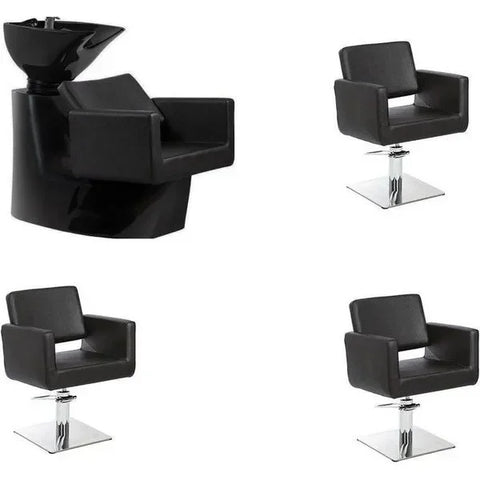 3x Schwarzer Friseurstuhl Zopf - 1x Friseur Waschbecken Odden in Schwarz für modernen Friseursalon von TipTop Einrichtung.