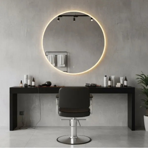 3er-Pack Friseur Bedienplatz mit LED-Hintergrundbeleuchtung, Friseurarbeitsplatz Aria mit dimmbarer Farbtemperatur 80 cm Spiegel
