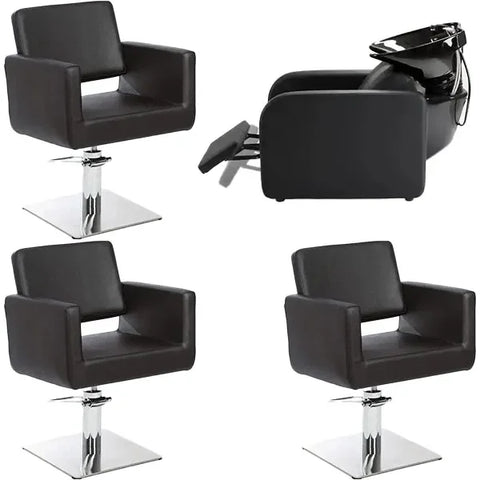 3x Friseurstuhl Braid in Schwarz, 1x Friseur Waschbecken in Schwarz, ideal für moderne Friseursalons.