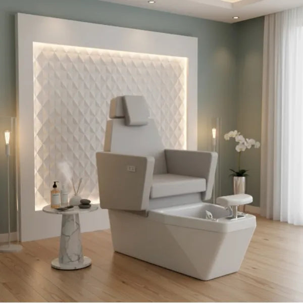 SPA Pediküre Sessel mit Waschbecken und Agate-Fußpflegewanne, LED-Beleuchtung, weißes PU-Polster