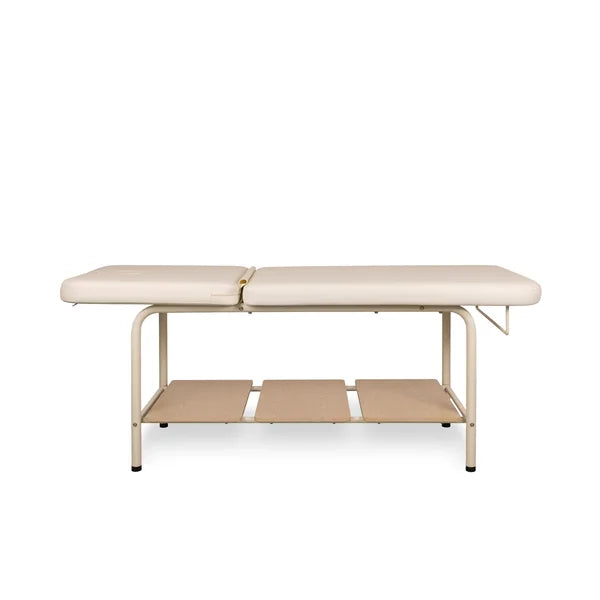 Massageliege Ara – professionelle Behandlungsliege mit verstellbarem Rücken, PU-Bezug und Holzablage.
