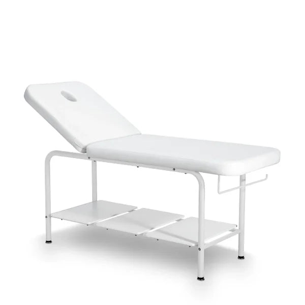 Massageliege Ara, professionelle Behandlungsliege mit verstellbarem Rücken, PU-Bezug, Holzablage, abnehmbares Kopfkissen