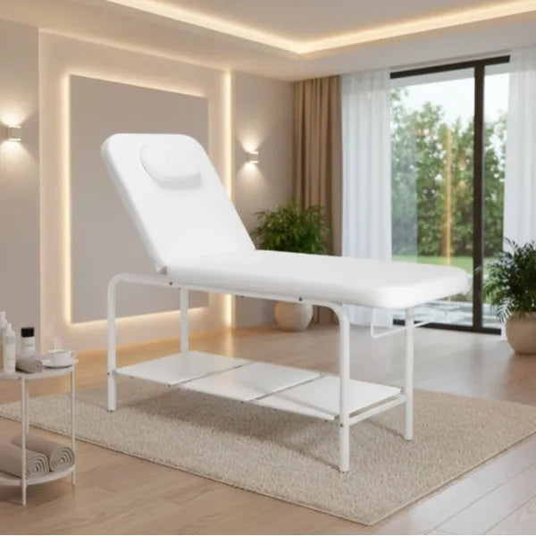 Massageliege Ara – professionelle Behandlungsliege, verstellbarer Rücken per Gasfeder, weißer PU-Bezug, stabiler Rahmen