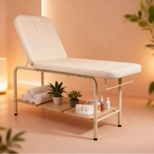 Massageliege Ara – professionelle Behandlungsliege, verstellbarer Rücken per Gasfeder, weißer PU-Bezug, stabiler Rahmen