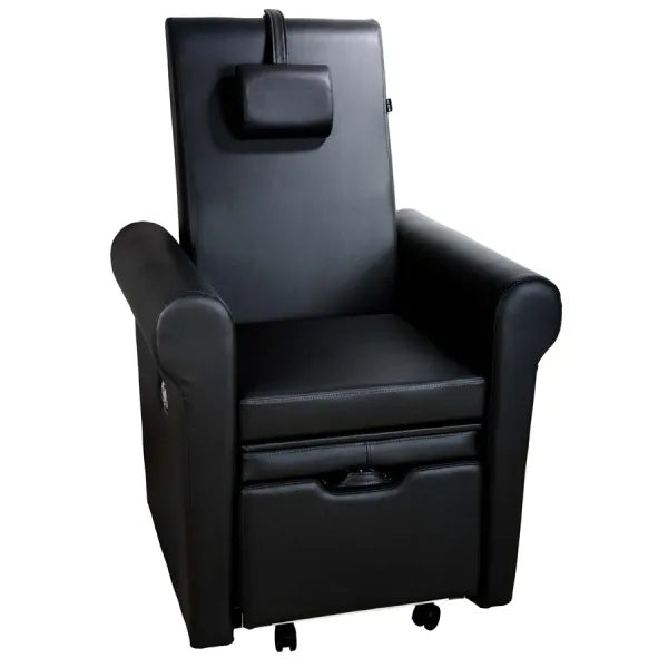SPA Pediküre Sessel Aventur – schwarzer Pediküre-Stuhl mit PU-Polsterung, Kopfstütze, Armlehnen und Stauraum.