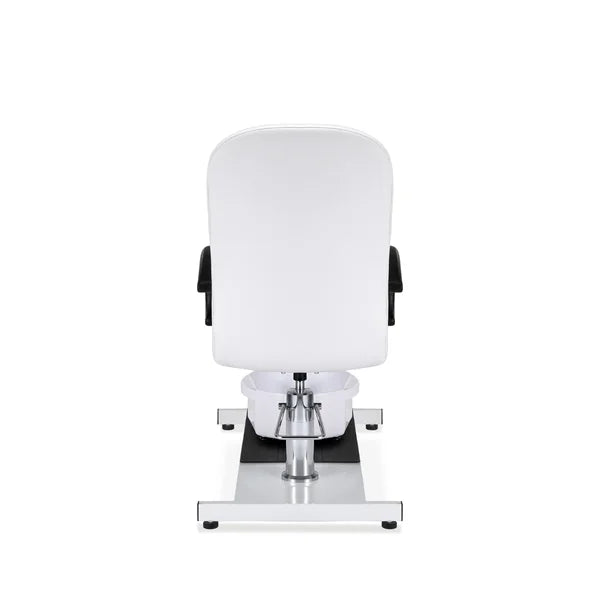 Fußpflegestuhl Anita mit integrierter Fußwanne, Beinstütze, schwarze Armlehnen, Metallstruktur, weiße Polsterung.