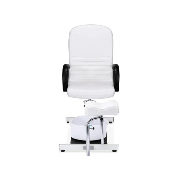 Fußpflegestuhl Anita mit integrierter Fußwanne, Beinstütze, weiße Polsterung, schwarze Armlehnen, verstellbare Fußstütze