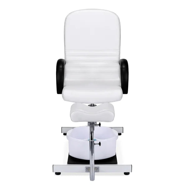 Fußpflegestuhl Anita mit integrierter Fußwanne, Beinstütze, schwarzen Armlehnen, verstellbare Fußstütze, Metallgestell.