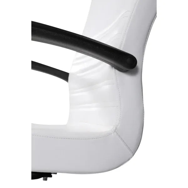 Fußpflegestuhl Anita mit integrierter Fußwanne und Beinstütze; weiße Polsterung, schwarze Armlehnen, Metallrahmen.