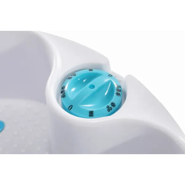 Fußpflegestuhl Anita mit integrierter Fußwanne – blaues Einstellrad am weißen Gehäuse, Metallrahmen