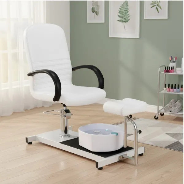 Fußpflegestuhl Anita mit integrierter Fußwanne, verstellbarer Beinstütze, schwarze Armlehnen.