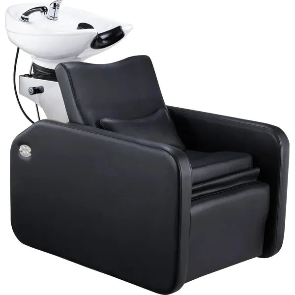 Friseur Waschbecken mit Fußstütze und ergonomischem Design, Friseurwaschbecken Charly, ideal für entspannende Haarwäschen.