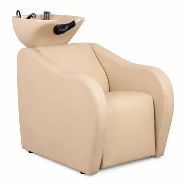 Velaris-Air Rückwärtswaschbecken Beige – Friseurwaschplatz mit elektrisch verstellbarer Fußstütze und Massagefunktion.