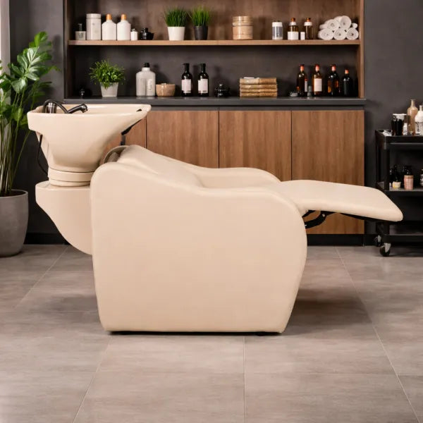 Beiges Velaris Air Rückwärtswaschbecken mit elektrischer Fußstütze und Massagefunktion im Salon