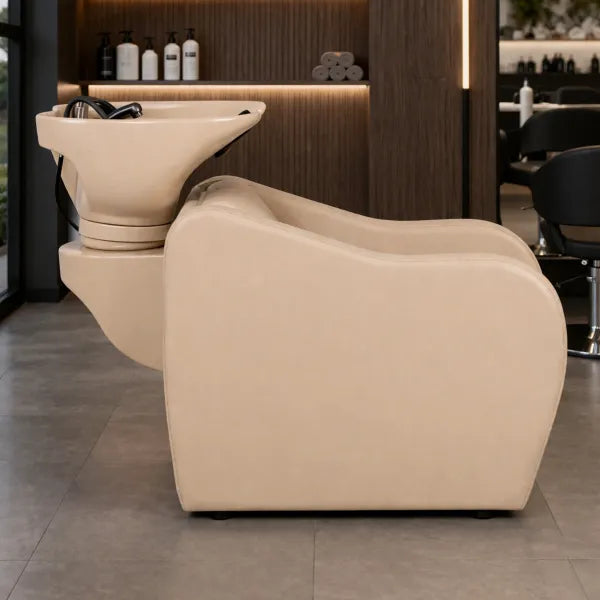 Friseur Waschbecken Velaris-Air Beige Rückwärtswaschbecken mit elektrischer Fußstütze und Massagefunktion im Salon.