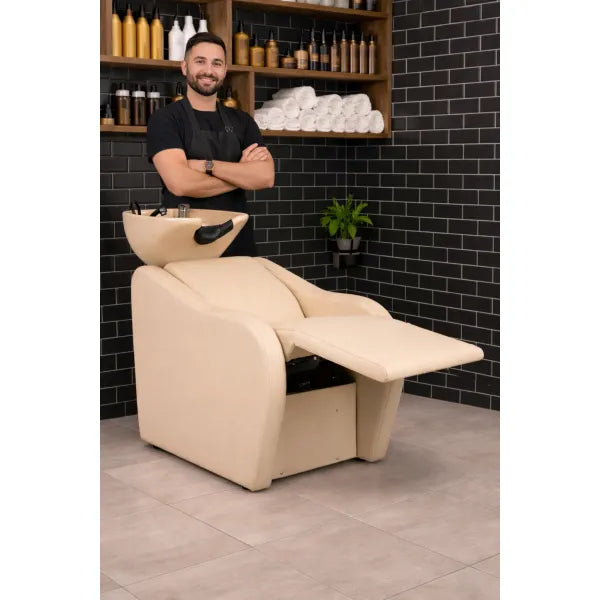 Velaris-Air Rückwärtswaschbecken in Beige mit elektrisch verstellbarer Fußstütze und Massagefunktion.