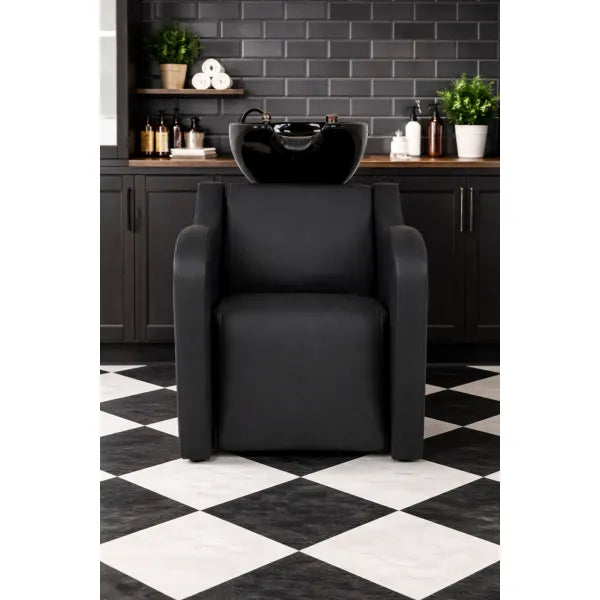 Friseurwaschbecken Kalani-Air mit elektrisch verstellbarer Fußstütze und Massagefunktion, schwarzes Ergonomie-Waschtisch.