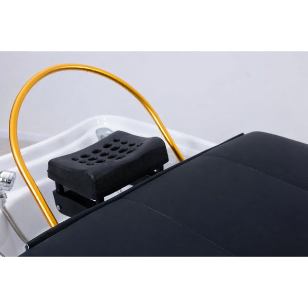 SIMPLY Head Spa Liege mit Keramikbecken – schwarze Behandlungsliege mit gelbem Schlauch für Kopfhaut-Wellness