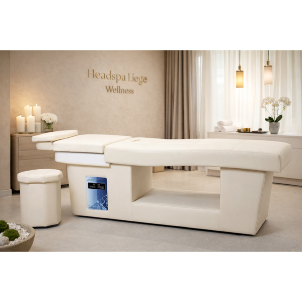 SIMPLY Head Spa Liege Weiß – Luxus Kopfspa-Behandlungsstation mit Acryl-Schale in einem Spa- und Wellness-Raum.