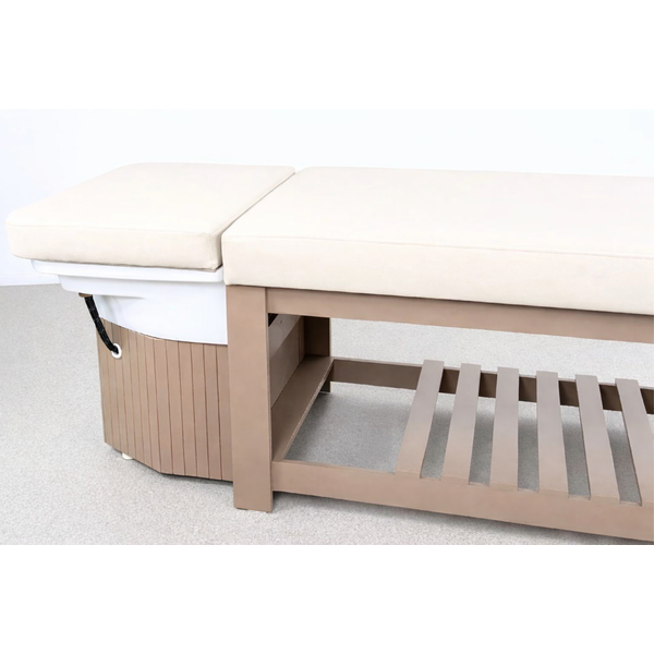 Head Spa Liege Calm – Luxus Kopfspa Behandlungsstation für Spa & Wellness, beige Liege mit Polster