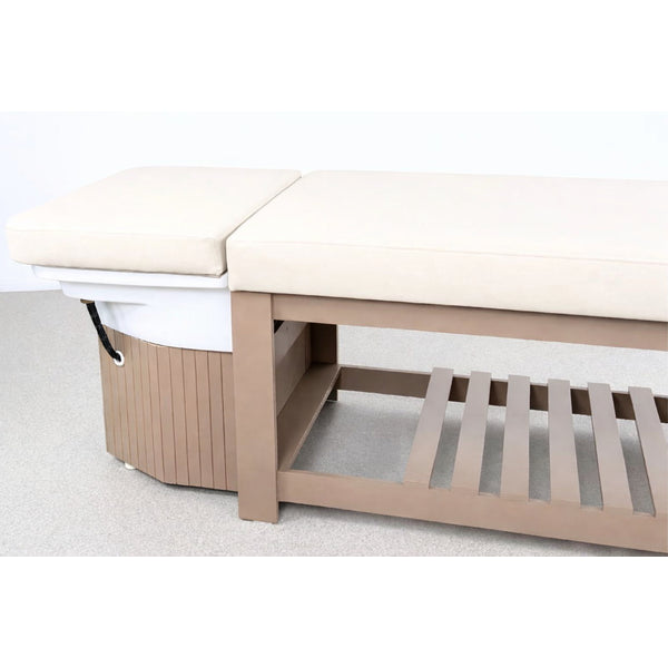 Head Spa Liege Calm – Luxus Kopfspa Behandlungsstation für Spa & Wellness, beige Liege mit Polster