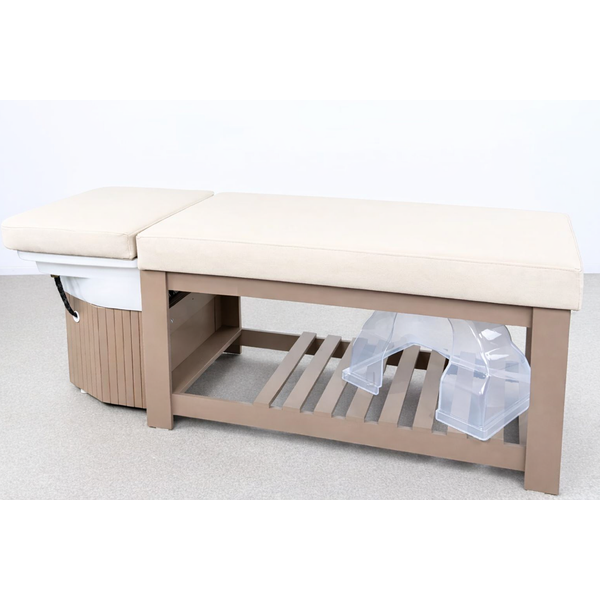 Head Spa Liege Calm – Luxus-Kopfspa-Behandlungsstation mit beigem Polster und Holzgestell