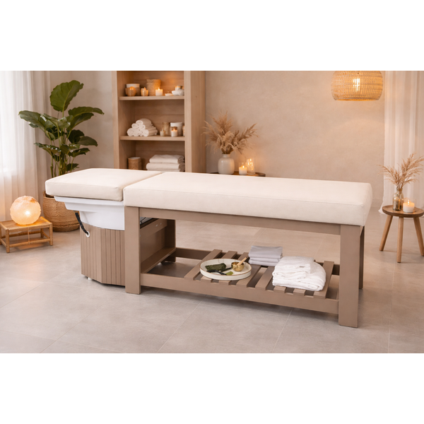 Head Spa Liege Calm – Luxus Kopfspa-Behandlungsstation im Spa, beige Liege, Kerzen & Handtücher