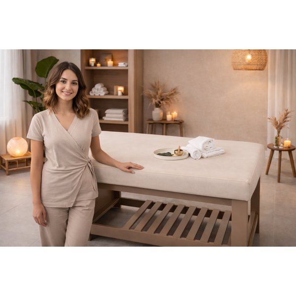 Head Spa Liege Calm – luxuriöse Kopfspa-Behandlungsstation für Spa & Wellness, Spa-Umgebung mit Therapeutin und Kerzen.