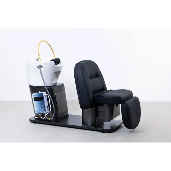 Elektrisch verstellbare Head-Spa-Liege in Schwarz mit Waschbecken und Jap Head Spa Power Washer für Kopfhaut-Wellness