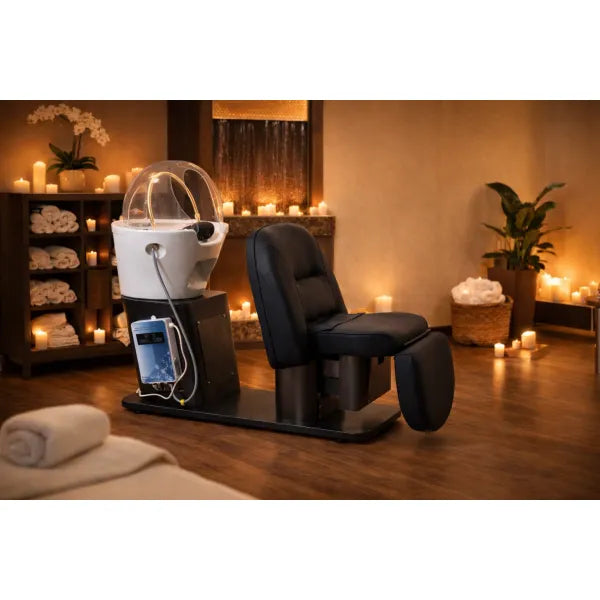 Schwarze elektrische Head-Spa-Liege mit Jap Head Spa Power Washer in warmem Spa-Raum.