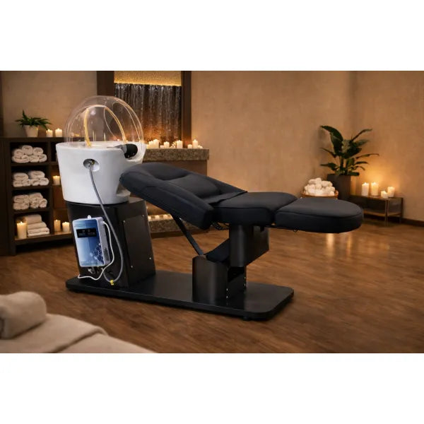 Schwarze elektrische Jap Head-Spa-Liege für professionelle Kopfhaut-Wellness im Salon & Barber.