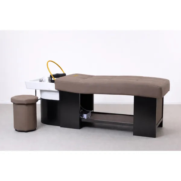 Braune Kopfspa-Liege mit Keramikbecken – SIMPLY Kopfspa Professionelle Wellness-Liege im Salon