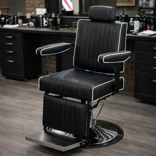 Schwarzer Profi-Barbershop-Stuhl CADEN, hydraulisch, drehbar, 180°-Liegefunktion, gepolstert mit weißen Akzenten