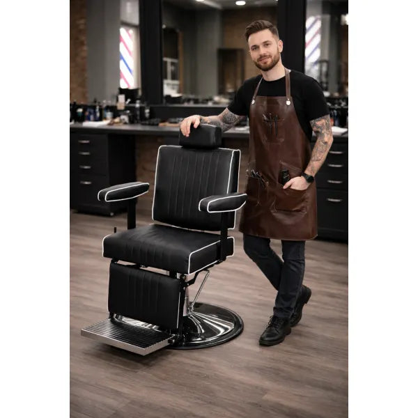 Schwarzer Profi-Barbersessel CADEN, hydraulisch & drehbar, 180° Liegefunktion – Barbershop-Setup
