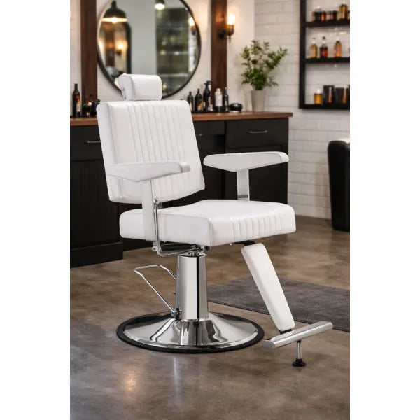 SEREN Friseurstuhl, weiß, hydraulisch & drehbar, Profi Barbershop mit Fußstütze