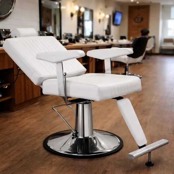 Weißer Barberstuhl SEREN, hydraulisch & drehbar, verchromte Basis, Fußstütze – Profi-Barbershop