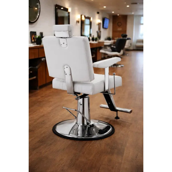 Weißer Friseurstuhl SEREN, hydraulisch und drehbar, hochwertiger Barbershop-Stuhl mit Chrombasis.