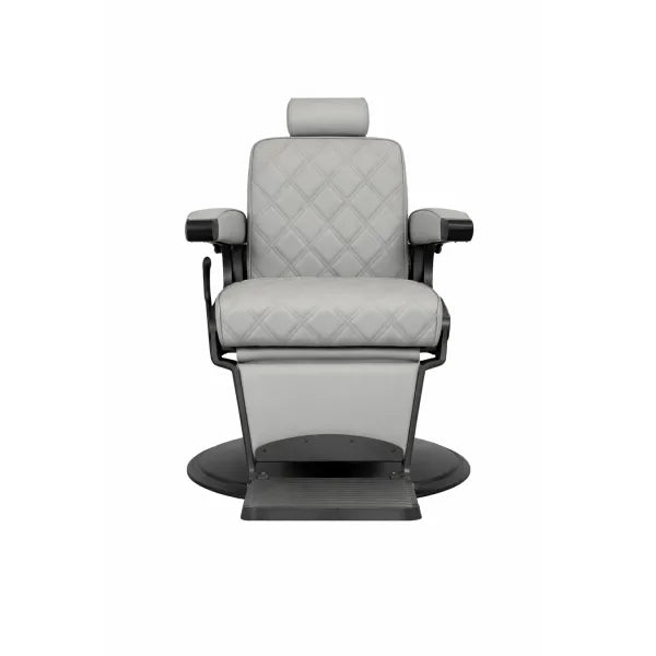 HAWK hydraulic vintage barber chair in gray with quilted upholstery, headrest, and footrest.
