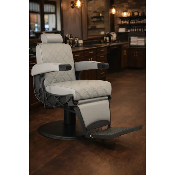 HAWK gray hydraulic barber chair with vintage diamond-pattern upholstery for professionals.
