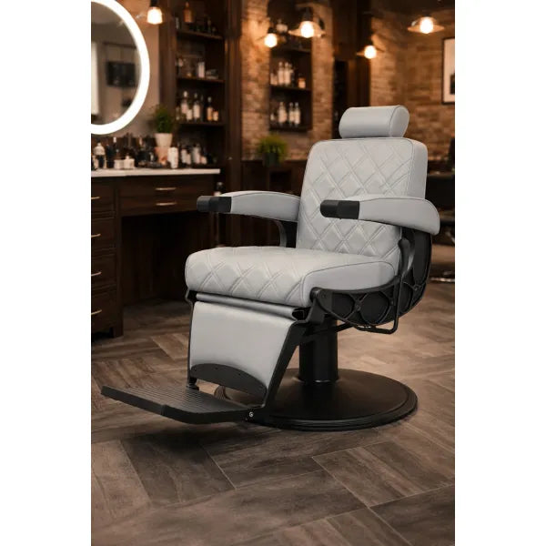 HAWK gray hydraulic barber chair with quilted upholstery and vintage design.