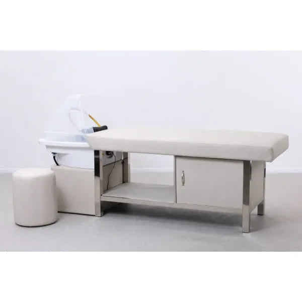 Beige Kopfspa-Liege mit Keramik-Waschbecken und Edelstahlrahmen