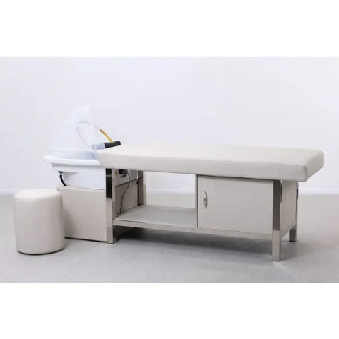 Beige Kopfspa-Liege mit Keramik-Waschbecken und Edelstahlrahmen