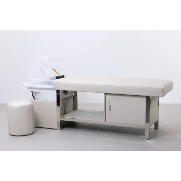 Beige Kopfspa-Liege mit Keramik-Waschbecken und Edelstahlrahmen