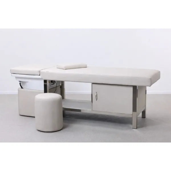 Beige Head Spa Liege mit Keramik-Waschbecken, Edelstahlrahmen, Kopfstütze und Stauraum