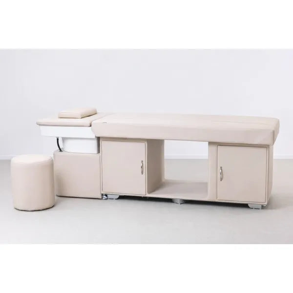 Head Spa Liege Beige mit Keramik Waschbecken – Professionelle Kopfspa-Wellness-Liege SIMPLY-D