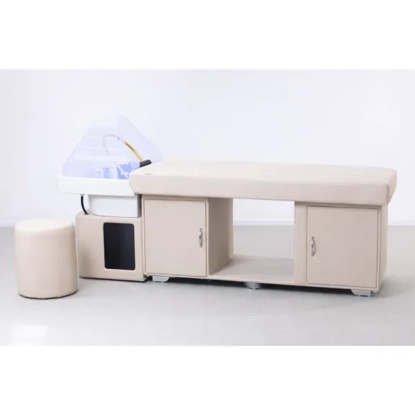 Beige Head Spa Liege mit Keramik-Waschbecken, Stauraum und Hocker – SIMPLY-D Kopfhaut-Wellness