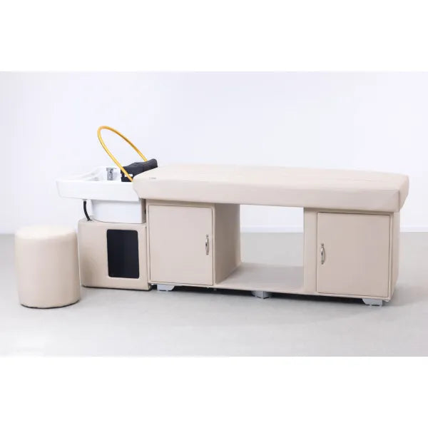 Beige Head Spa Liege mit Keramik-Waschbecken - SIMPLY-D Kopfhaut-Wellness im Salon